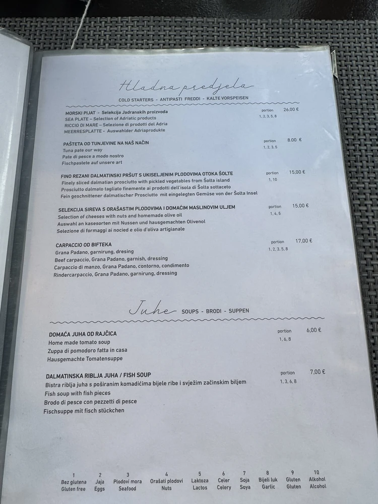 Speisekarten der Konoba.